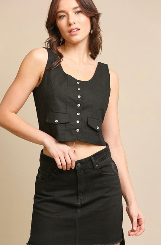 Button Down Tailored Vest with Side Smocking and Flap
Pockets