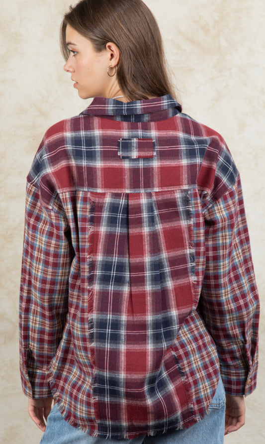 Oversized Contrast Flannel Plaid Shirt Top