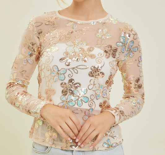 LS Mesh Floral Embroidered Top