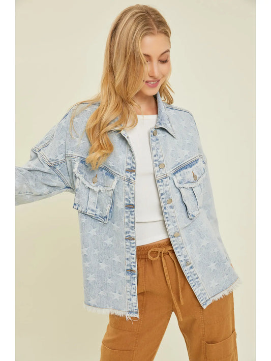 Western Washed and Distressed Star Denim Jacket