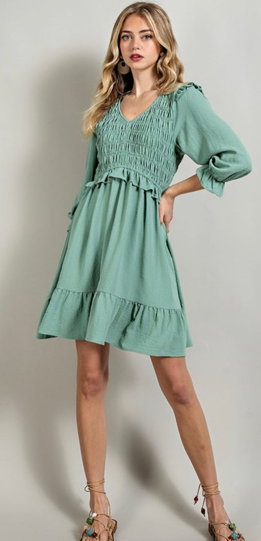 Solid Textured Woven and Smocked Bodice Dress with Ruffle Detail