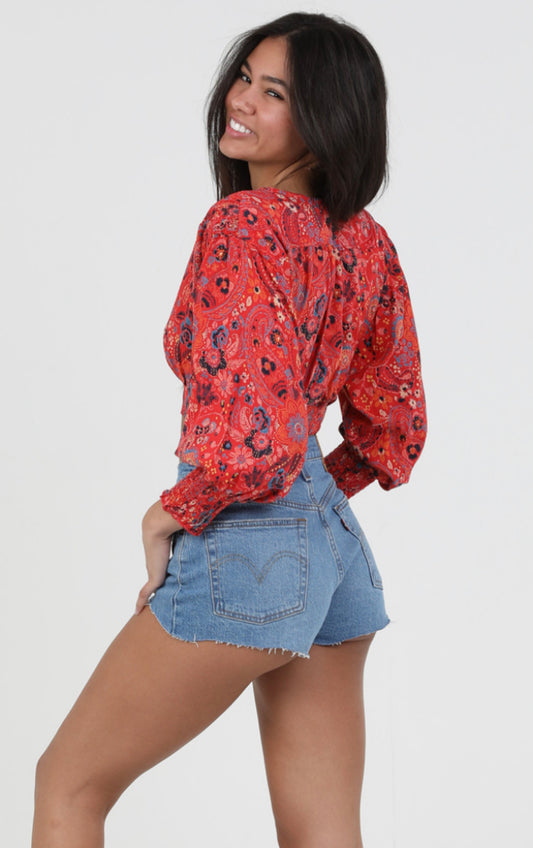 Cropped Red Paisley Top