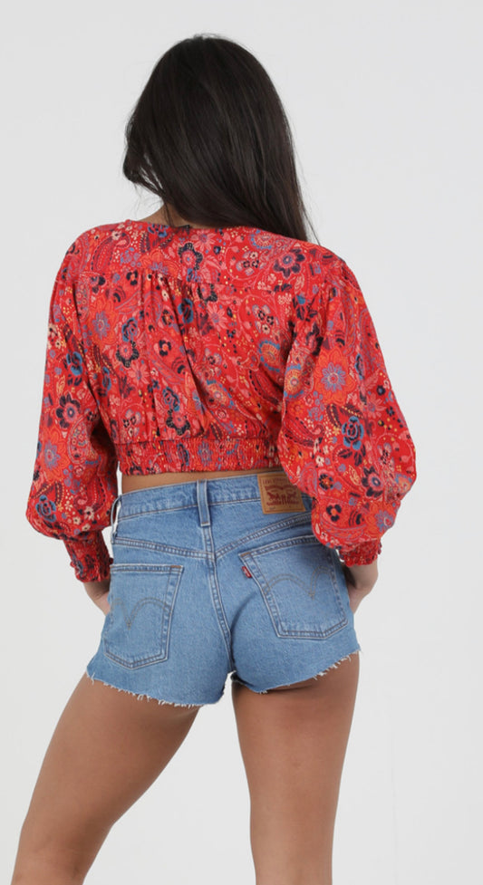 Cropped Red Paisley Top