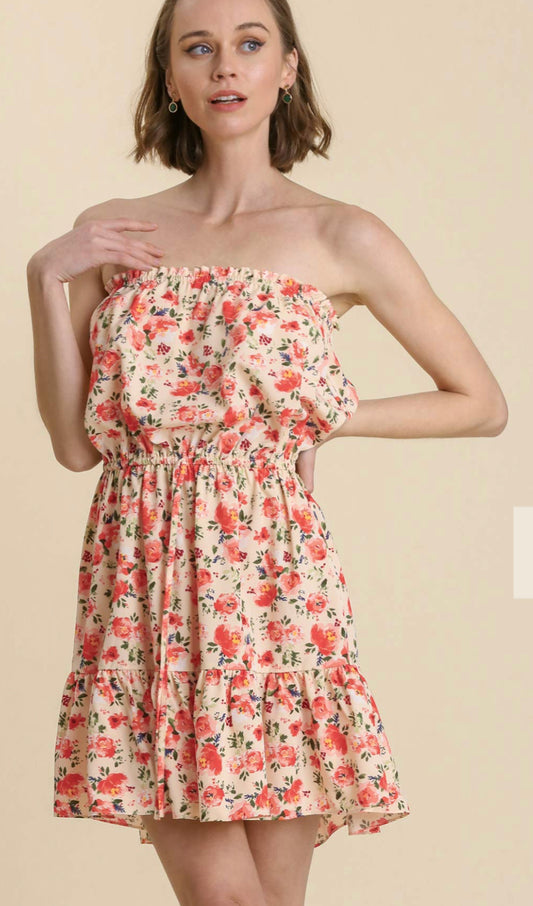 Floral Print Tube Strapless Elastic Waist Dress (2 Colors)