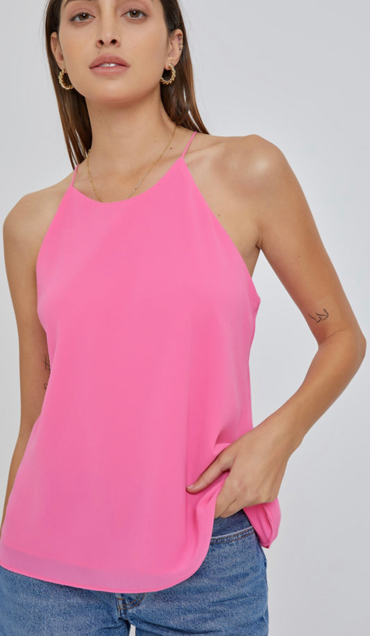 Double Layered Chiffon Halter Tank Back Button Top (3 Colors)