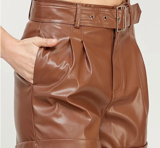 Belted Faux Leather Hem Shorts (2 Colors)