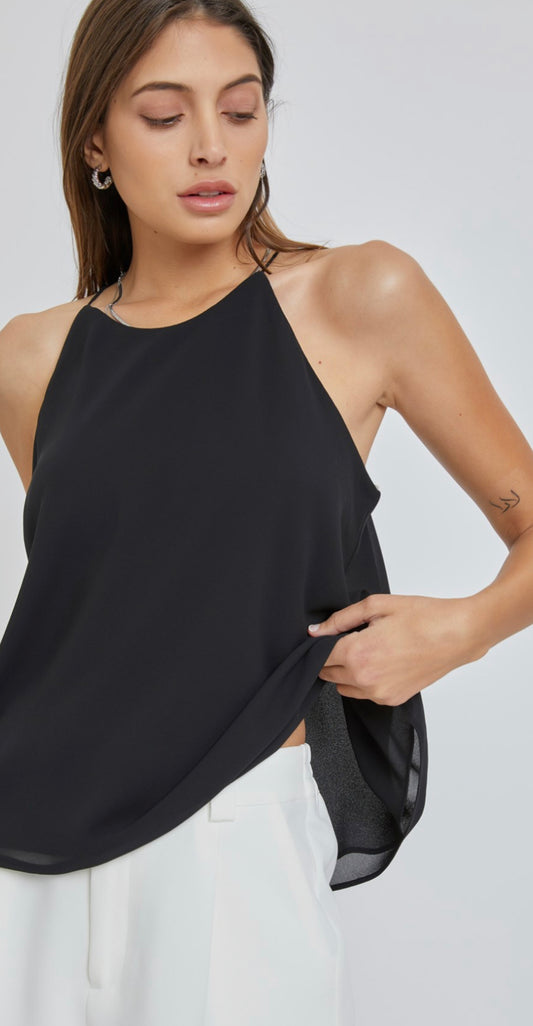 Double Layered Chiffon Halter Tank Back Button Top (3 Colors)
