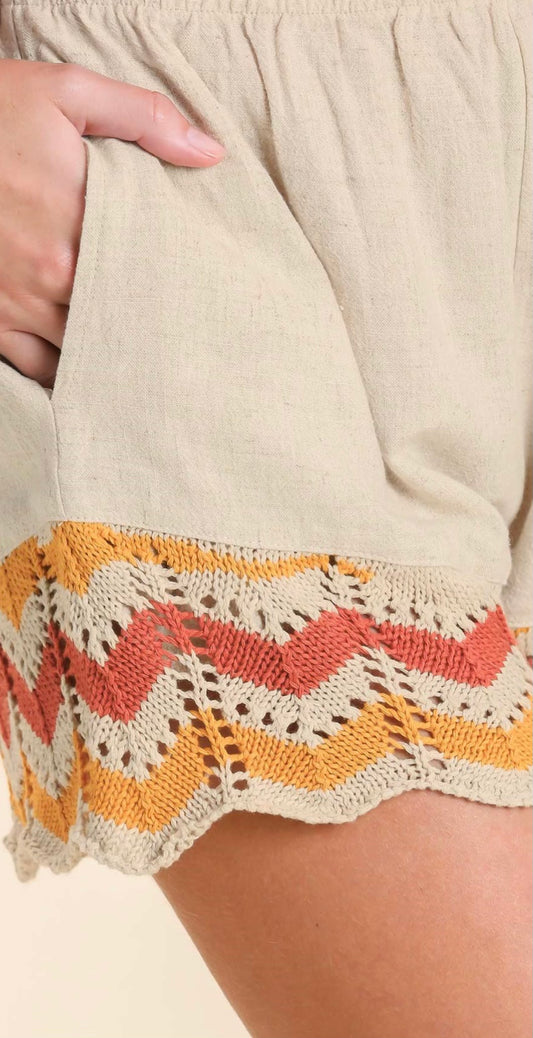 Crochet Trim Linen Blend Shorts