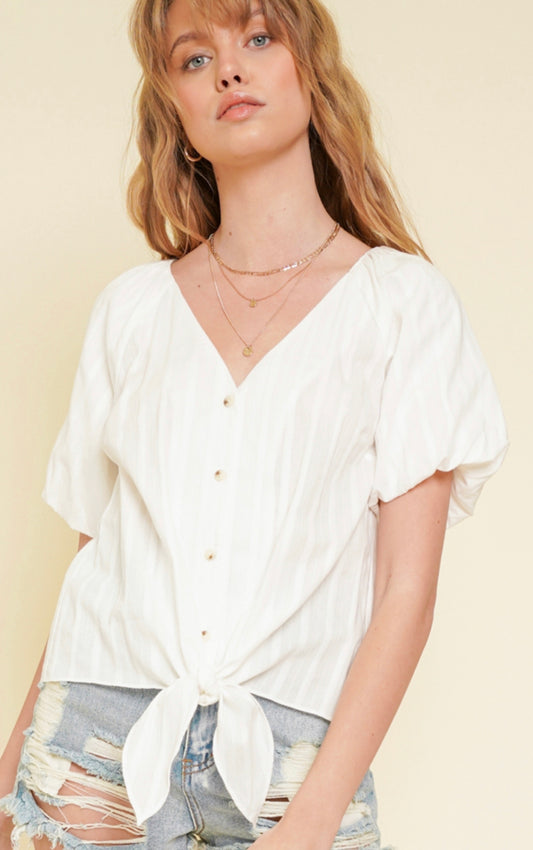 Puff Sleeve Front Tie Button Down Blouse